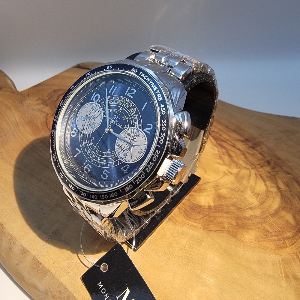 Montres Carlo MC Men's Silver Stainless Steel Wrist Watch - Blue 48mm Dial Roli